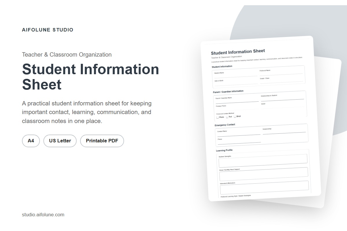Student Information Sheet printable template preview