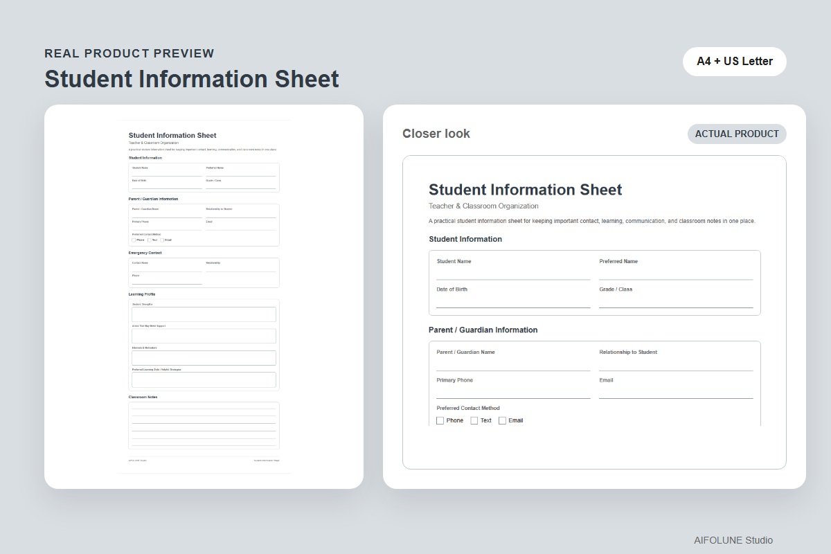 Student Information Sheet product preview
