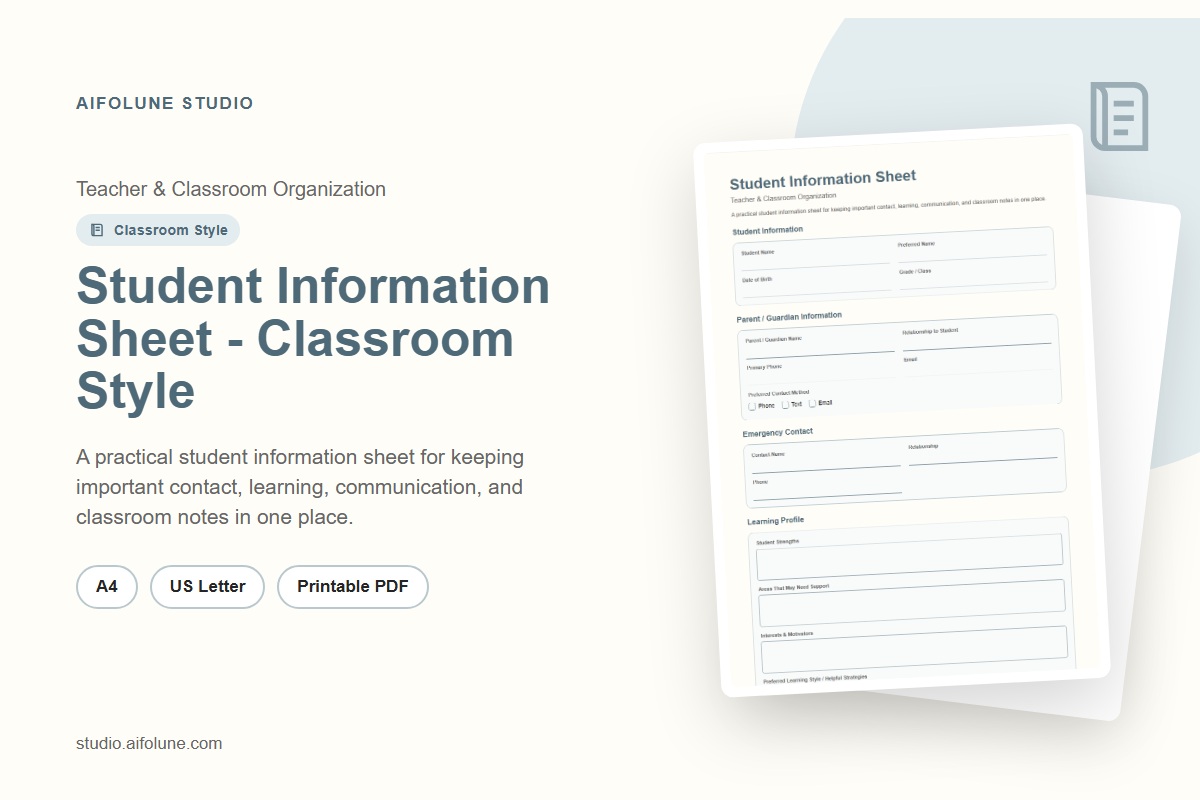 Student Information Sheet - Classroom Style printable template preview