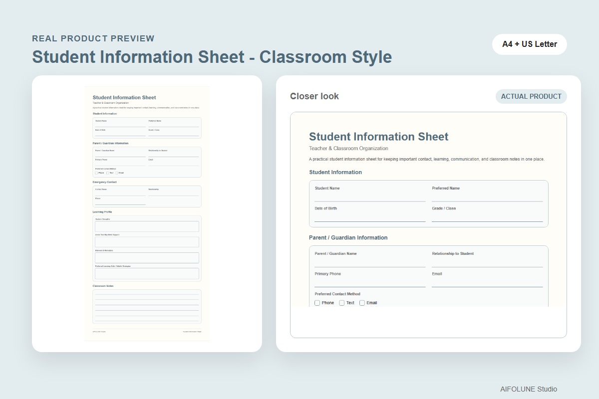 Student Information Sheet - Classroom Style product preview