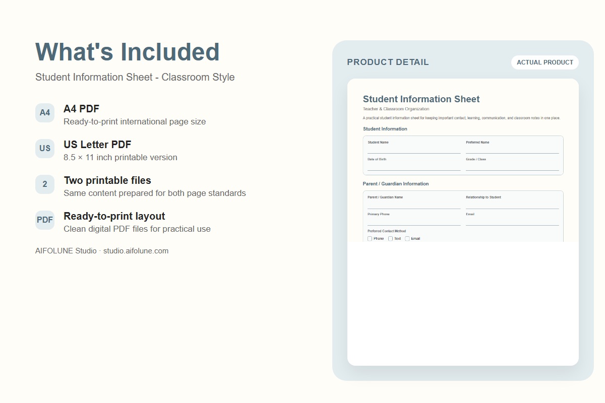 Student Information Sheet - Classroom Style included files