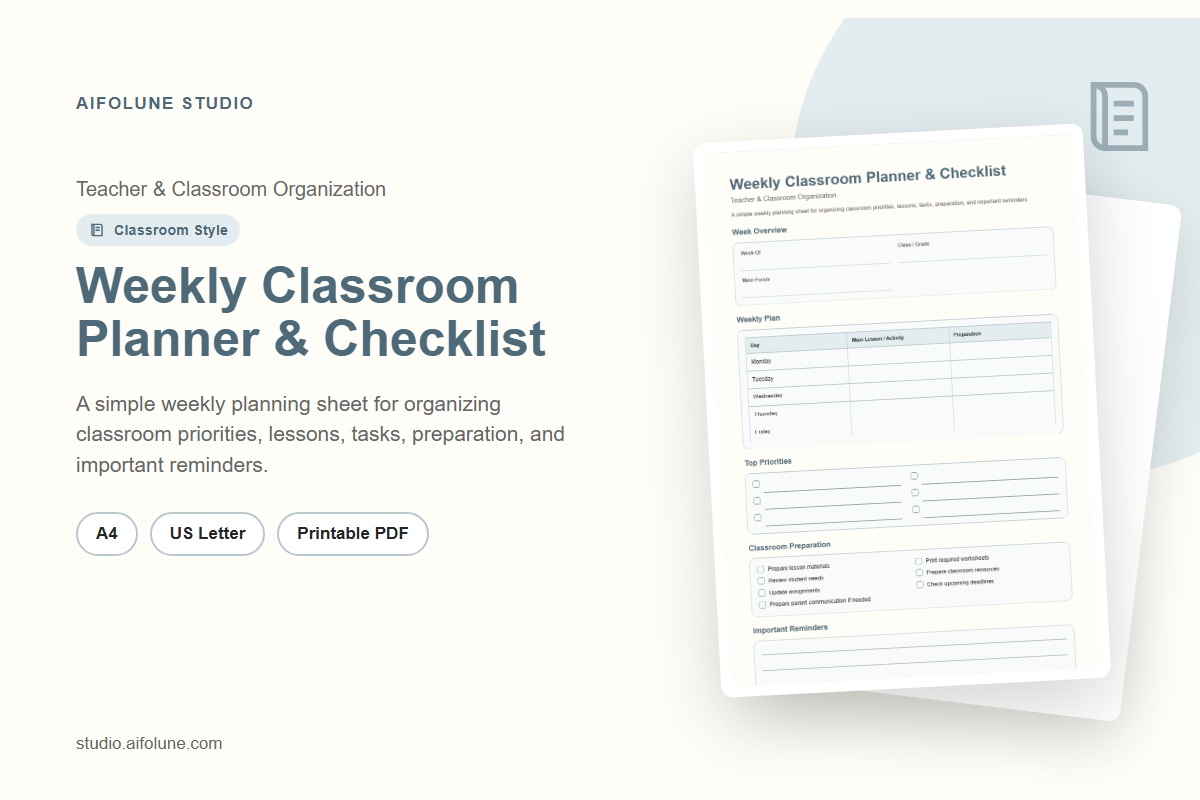 Weekly Classroom Planner & Checklist printable template preview