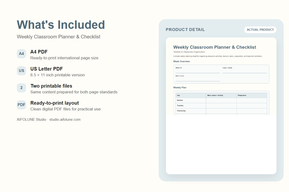 Weekly Classroom Planner & Checklist included files