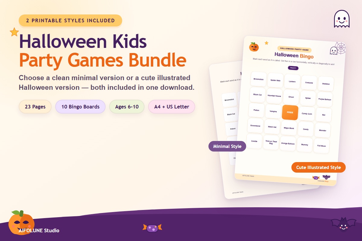 Halloween Kids Party Games Bundle with Minimal and Cute Illustrated printable styles