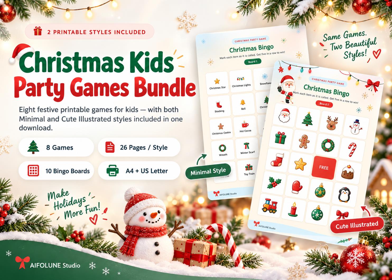 Christmas Kids Party Games Bundle with Minimal and Cute Illustrated printable styles