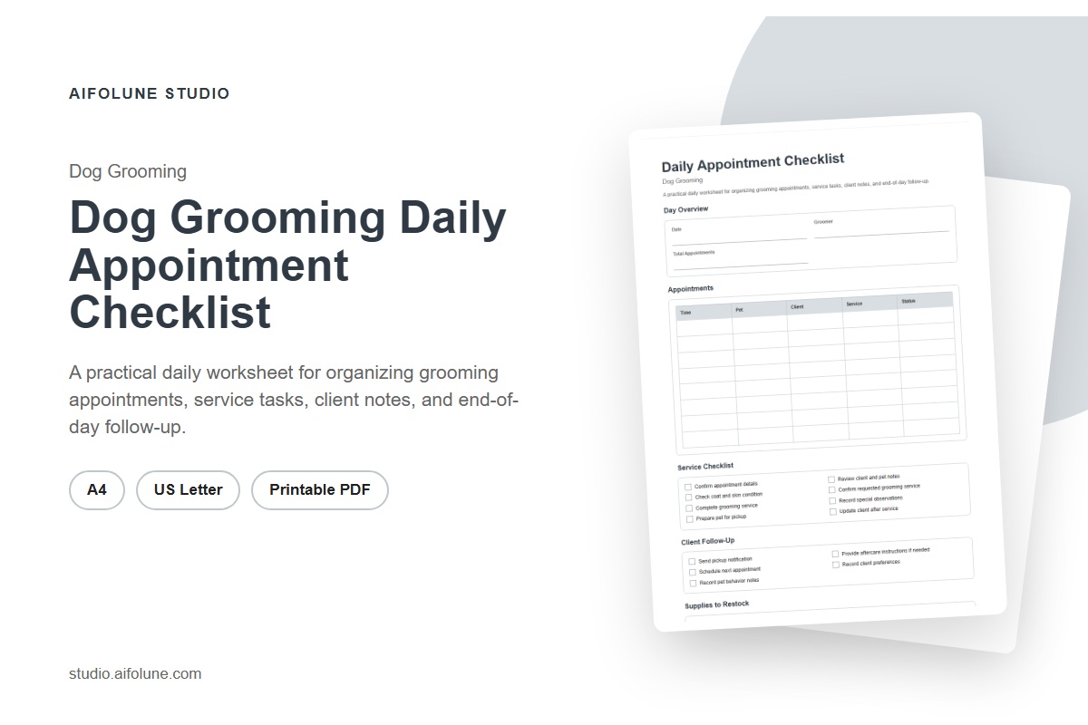 Dog Grooming Daily Appointment Checklist printable template preview