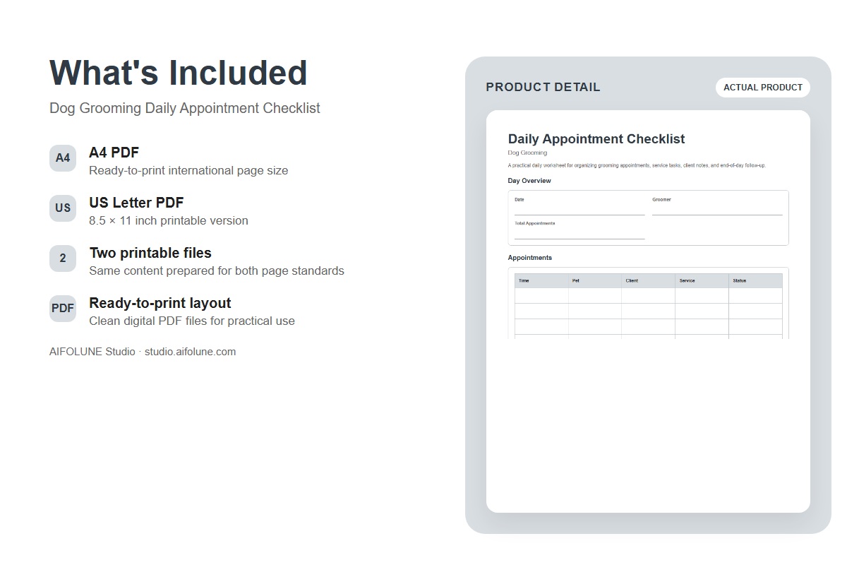 Dog Grooming Daily Appointment Checklist included files