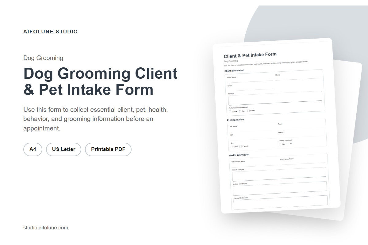 Dog Grooming Client & Pet Intake Form printable template preview