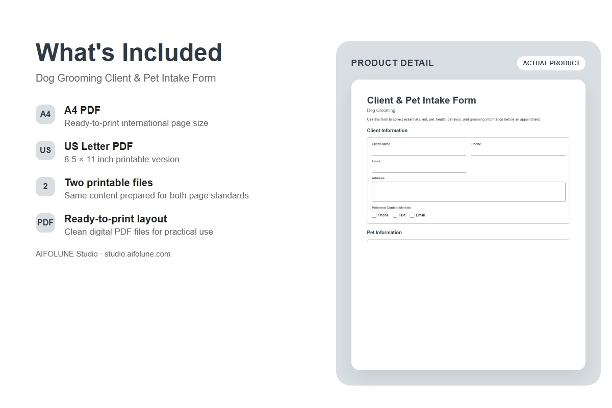 Dog Grooming Client & Pet Intake Form included files