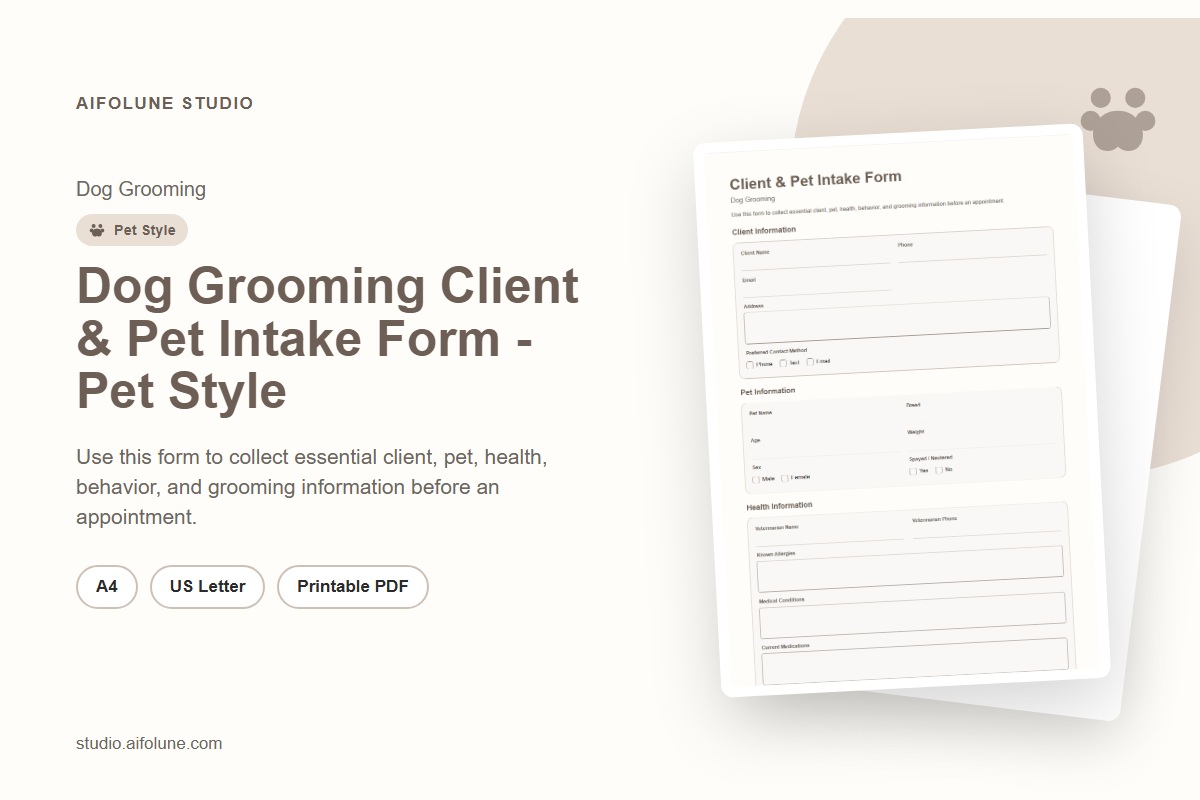 Dog Grooming Client & Pet Intake Form - Pet Style printable template preview